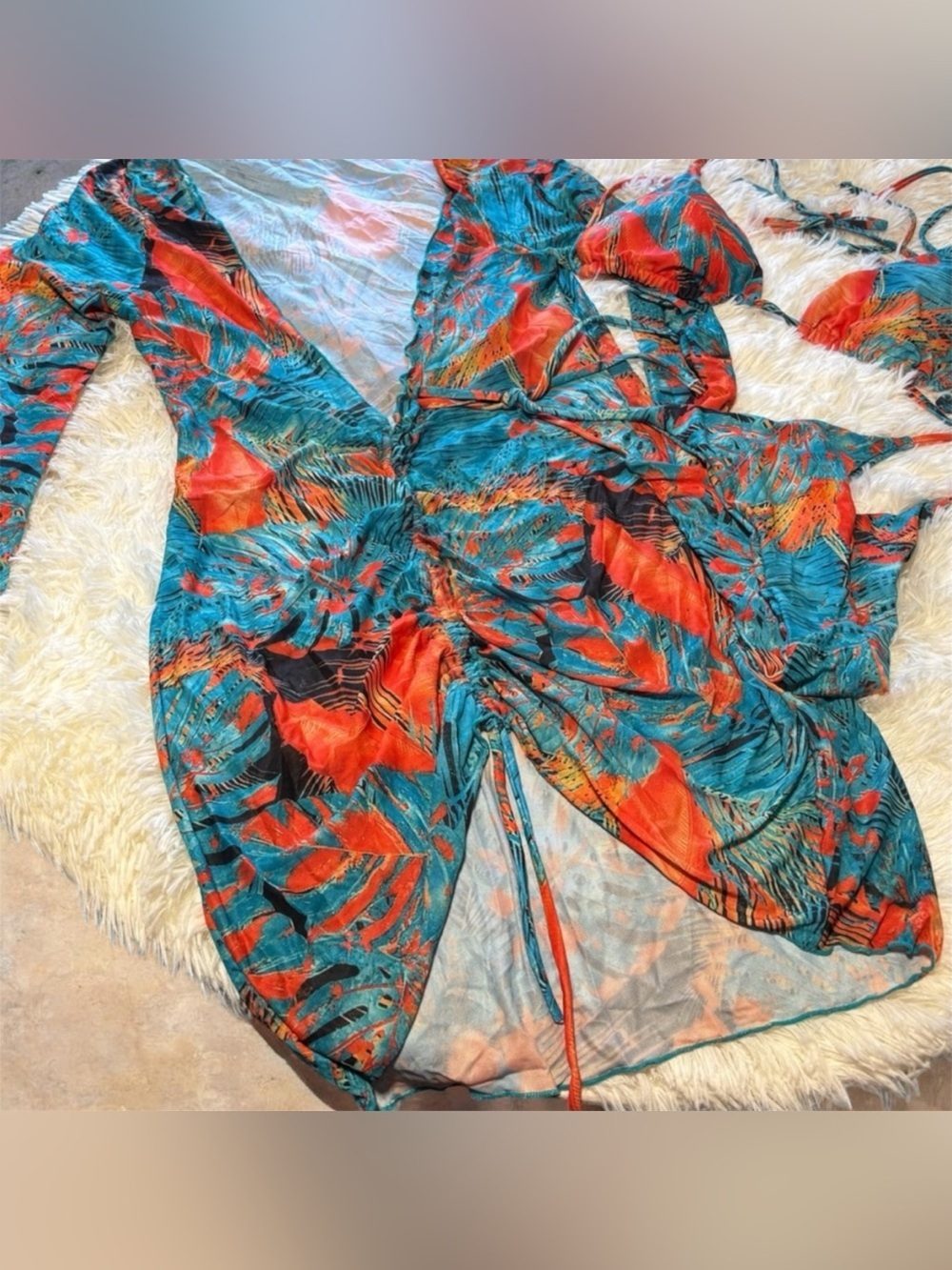 Roxylicia Teal & Orange Tropical Ruched Bikini Dress Large 🔥🩵🔥🩵🔥 - Picture 4 of 8